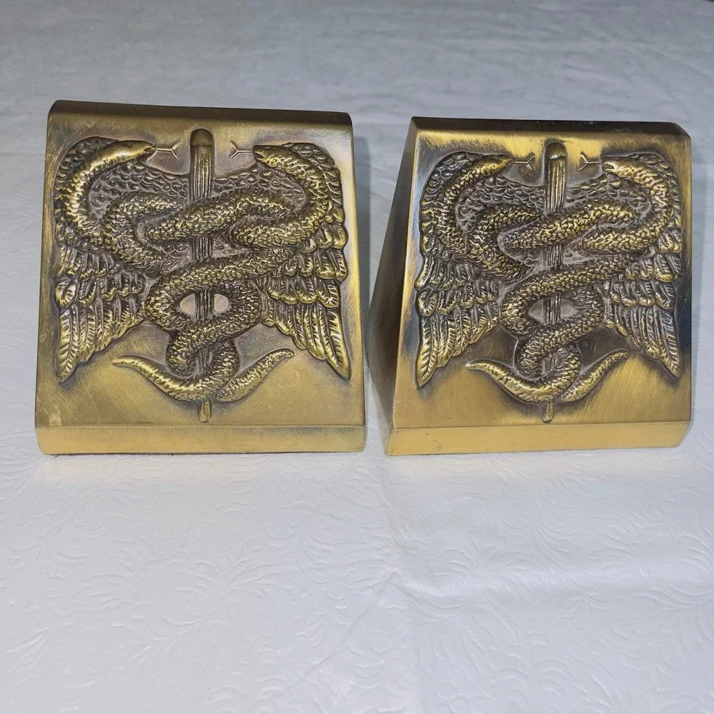 PM Craftsman Home Caduceus Medical Symbol OS Gold Brass Vintage Bookends